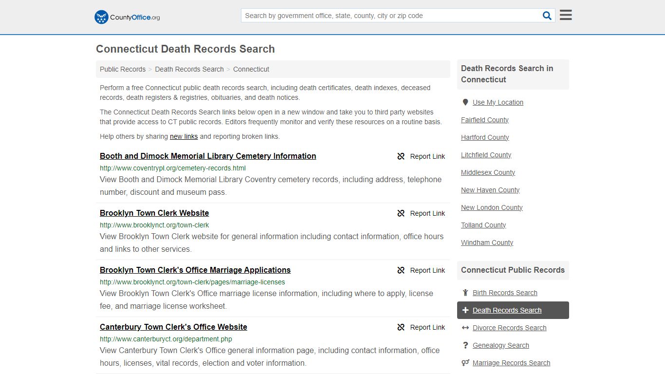 Connecticut Death Records Search - County Office